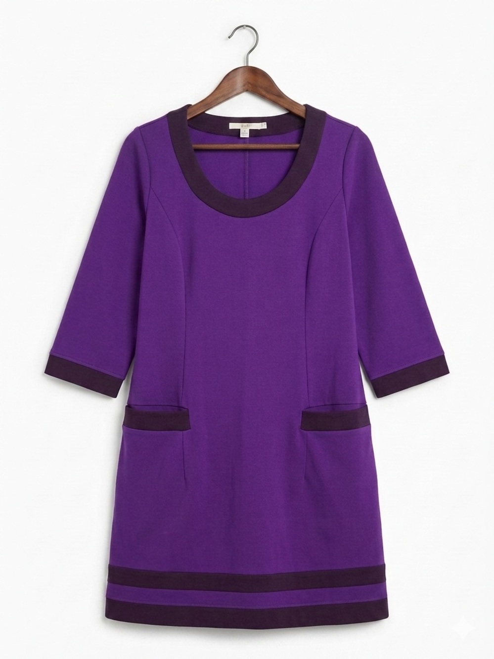 Boden Colorblock Ponte Dress Women’s 12 Purple 3/4 Sleeve Pockets Scoop Neck